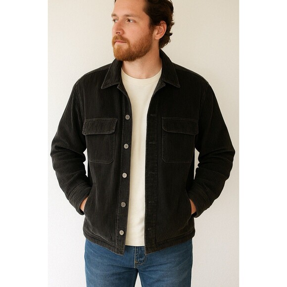Black Corduroy Shirt Jacket Men’s SZ M Pockets Cotton Casual Streetwear Retro - Picture 2 of 13